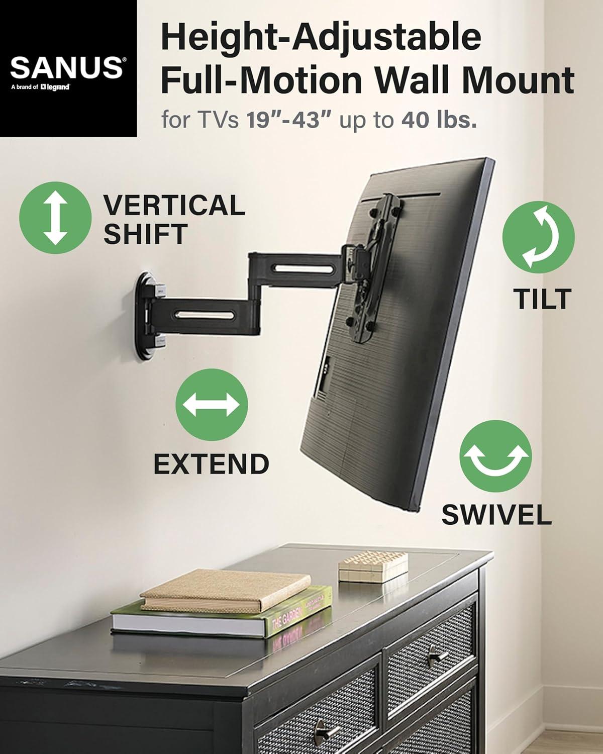imageSANUS Height Adjustable Full Motion TV Wall Mount for 19 to 43 TVs  Raise or Lower TV 2 After Install  Maximizes Compatibility with Your Setup  3 Step DIY wSmooth Extension Tilt ampamp Swivel