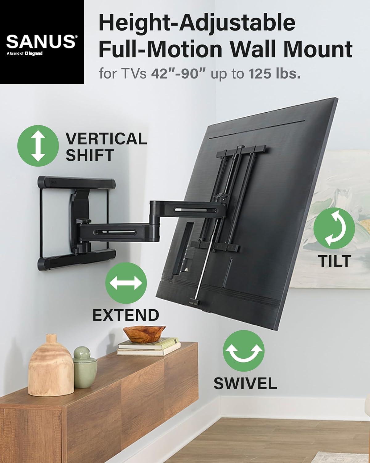 imageSANUS Height Adjustable Full Motion TV Wall Mount for 42quot to 90quot TVs  Raise or Lower TV 4quot After Install  Maximizes Compatibility with Your Setup  3 Step DIY wSmooth Extension Tilt ampamp Swivel