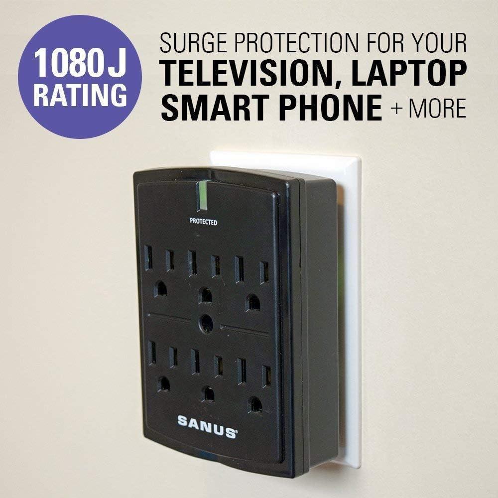 imageSANUS OnWall Low Profile 1080J Fireproof Surge Protector with 6 AC Outlets ampamp 3 Lines of Protection  Includes Power Signal Filtering Black