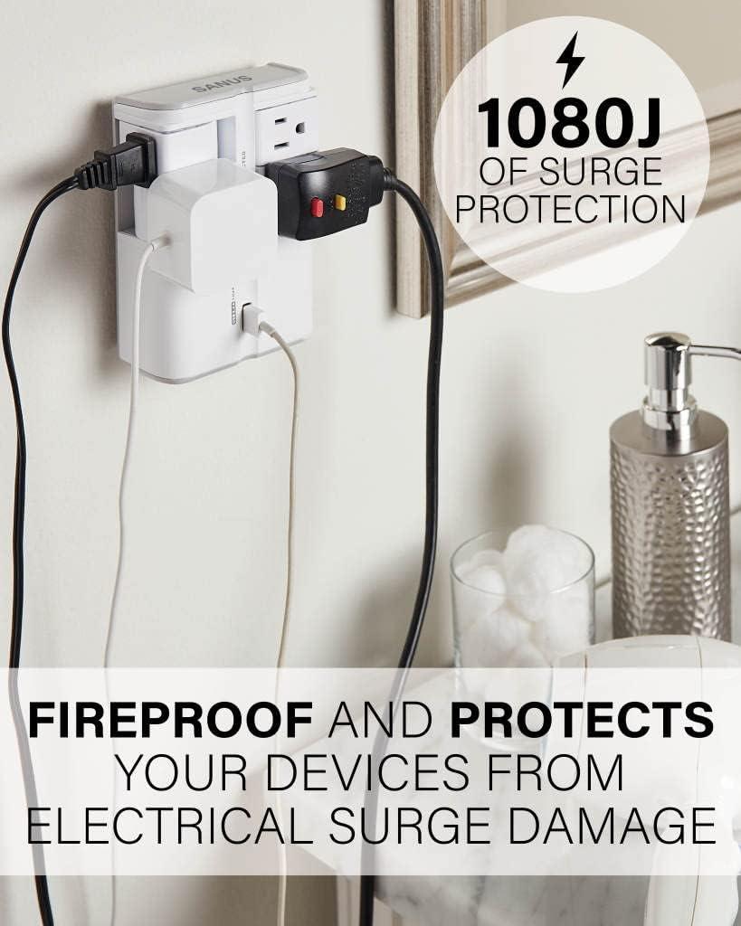 imageSANUS OnWall Surge Protector  6 Rotating Outlets  Fits Larger Plugs 1080 J  LowProfile ampamp Fireproof  White4 Outlets  2 USB Ports