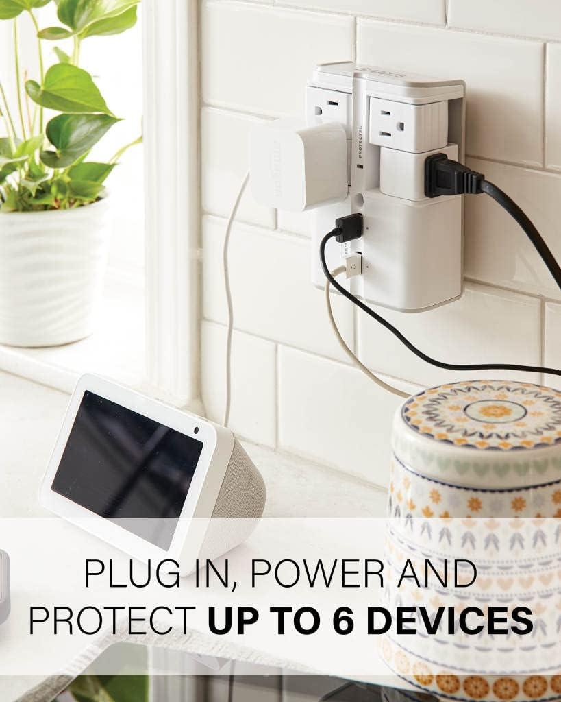 imageSANUS OnWall Surge Protector  6 Rotating Outlets  Fits Larger Plugs 1080 J  LowProfile ampamp Fireproof  White4 Outlets  2 USB Ports