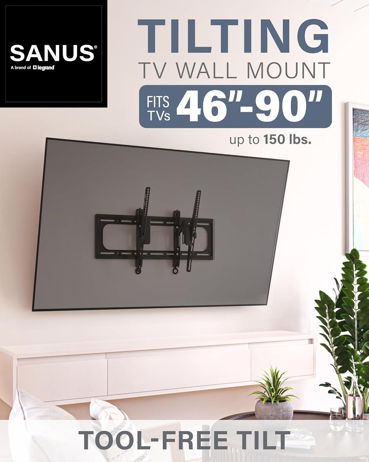 imageSANUS Tilting TV Wall Mount for 46quot  90 TVs or 150lbs  Premium Tilt Mount wUniversal Fit  Smooth 57quot Extension Allows for Cable Management  Includes Hardware ampamp Drill Template for Easy Install