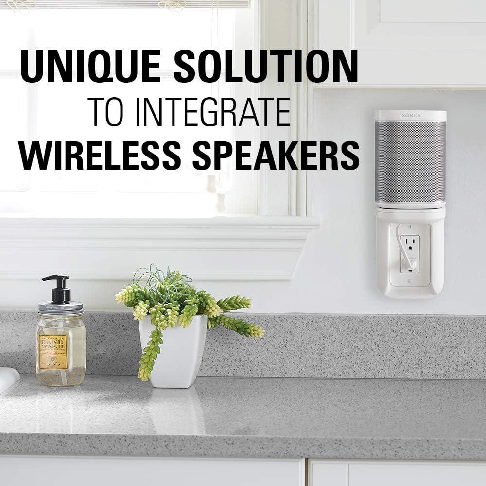 imageSanus Outlet Shelf Speaker Mount  Heavy Duty Shelf Holds Devices up to 10 lbs  DIY Install Works with Both Standard ampamp Decora Outlets  Perfect for Sonos ampamp Other Smart SpeakersWhite