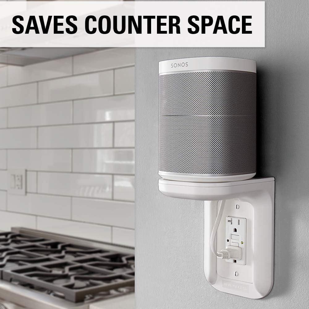 imageSanus Outlet Shelf Speaker Mount  Heavy Duty Shelf Holds Devices up to 10 lbs  DIY Install Works with Both Standard ampamp Decora Outlets  Perfect for Sonos ampamp Other Smart SpeakersWhite
