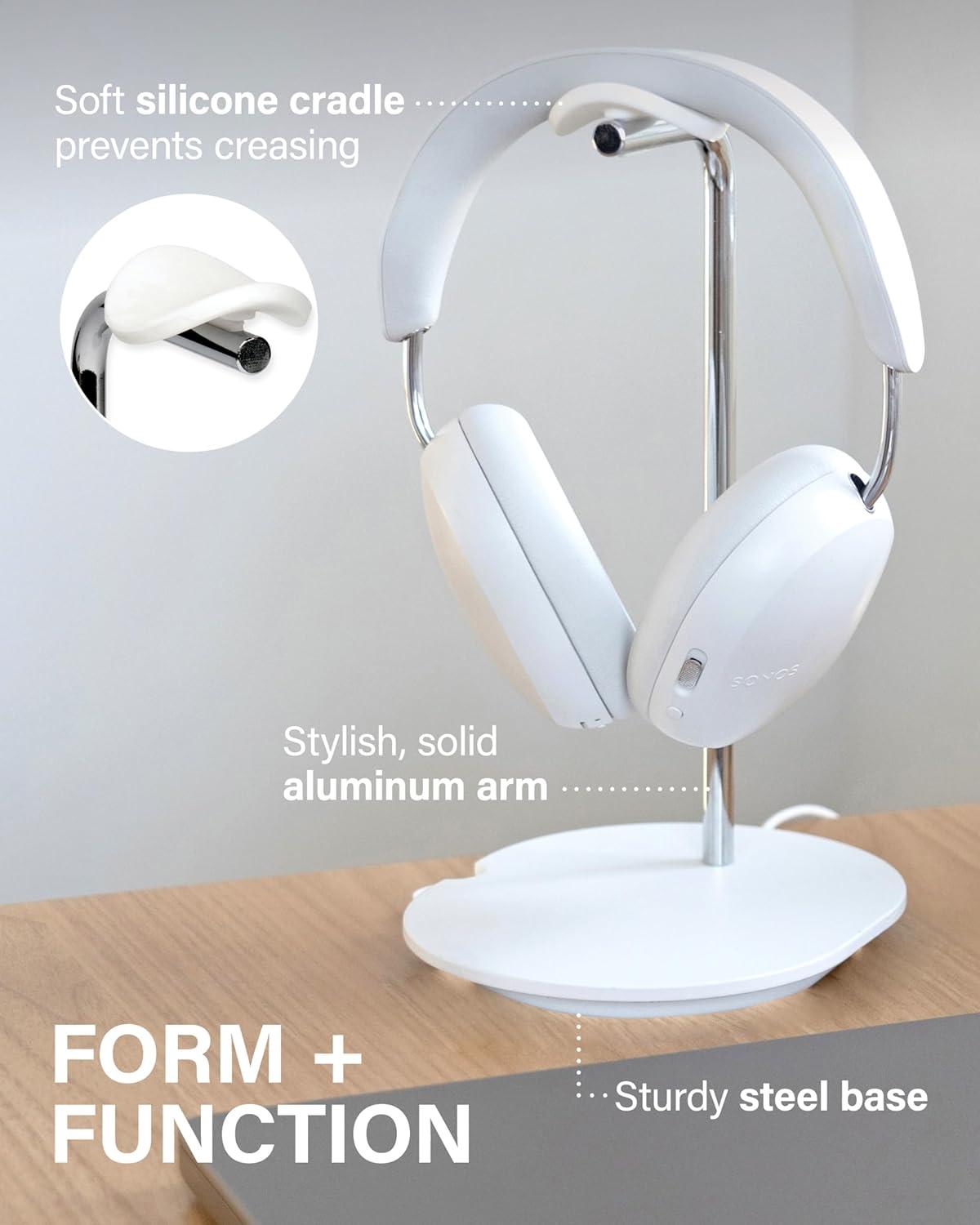 imageSanus Sonos Ace Headphones Stand  Premium Stand wSilicone Cradle Prevents Creasing ampamp Builtin Cable Management wMagnetic Clip for Fast Charging  ToolFree Setup  White Sonos Headphones HolderWhite